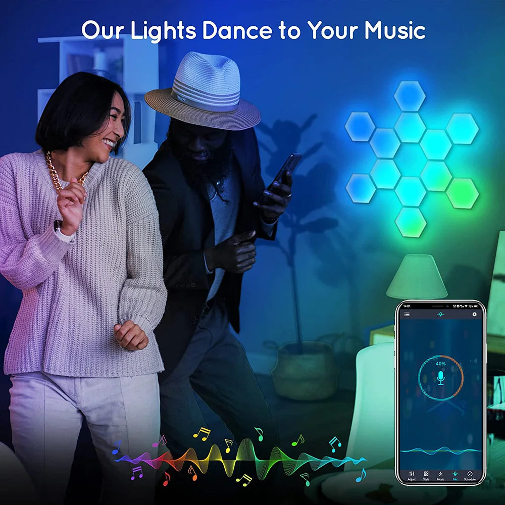 RGBIC Smart Bluetooth LED Hexagon Wall Light App/Remote Control Geometric Modular Music Sync Night Light Game Living Room Decor