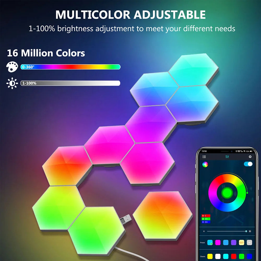 RGBIC Smart Bluetooth LED Hexagon Wall Light App/Remote Control Geometric Modular Music Sync Night Light Game Living Room Decor