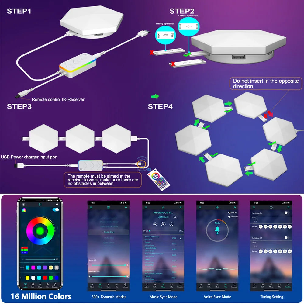 RGBIC Smart Bluetooth LED Hexagon Wall Light App/Remote Control Geometric Modular Music Sync Night Light Game Living Room Decor