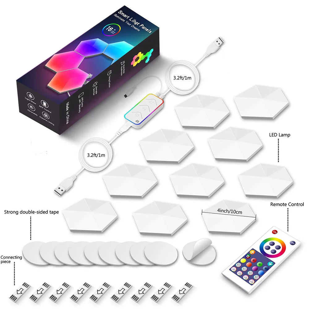 RGBIC Smart Bluetooth LED Hexagon Wall Light App/Remote Control Geometric Modular Music Sync Night Light Game Living Room Decor