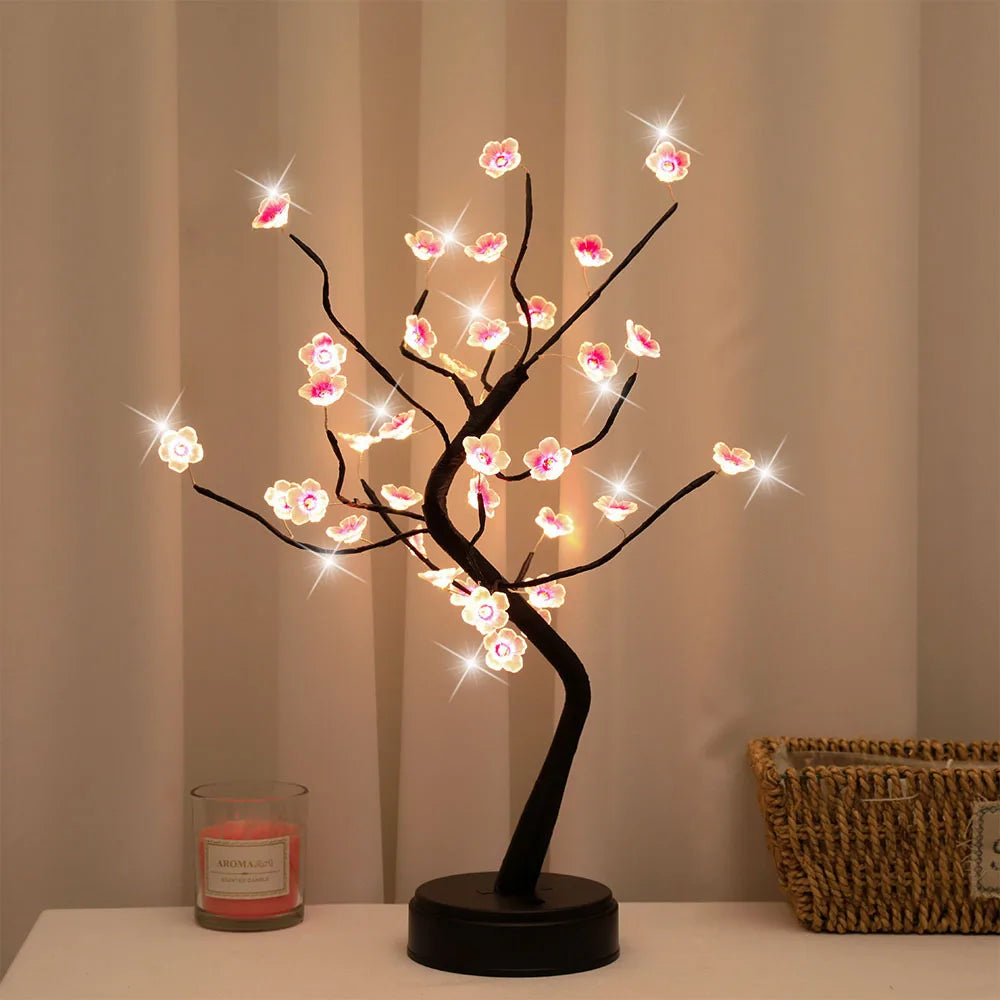 Home Decoration Usb/Battery Powered Touch Switch Warm White Artificial Bonsai Cherry Blossom Desktop Tree LED Lamp Light