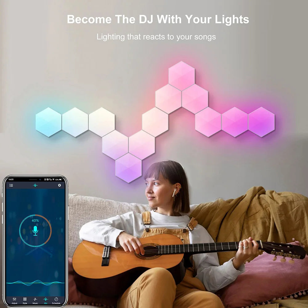 RGBIC Smart Bluetooth LED Hexagon Wall Light App/Remote Control Geometric Modular Music Sync Night Light Game Living Room Decor